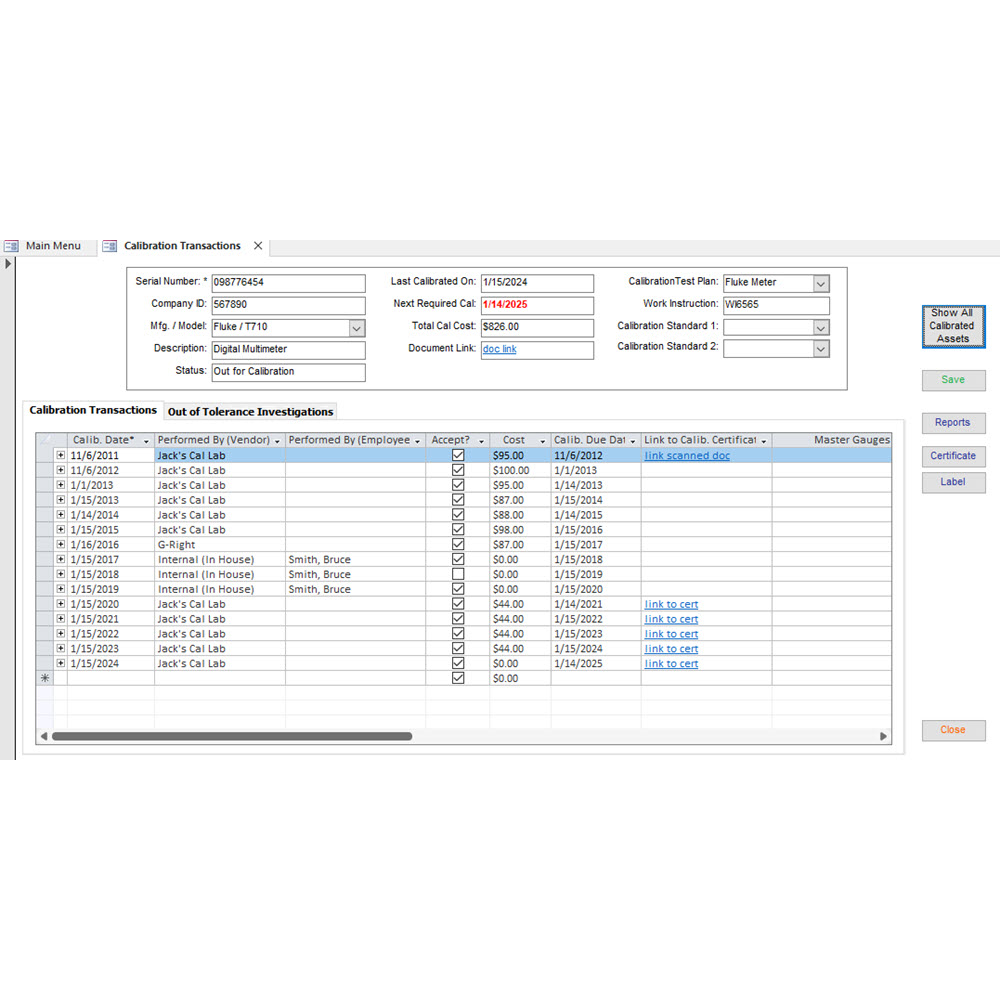 screenshot of SBS Asset Tracking Database